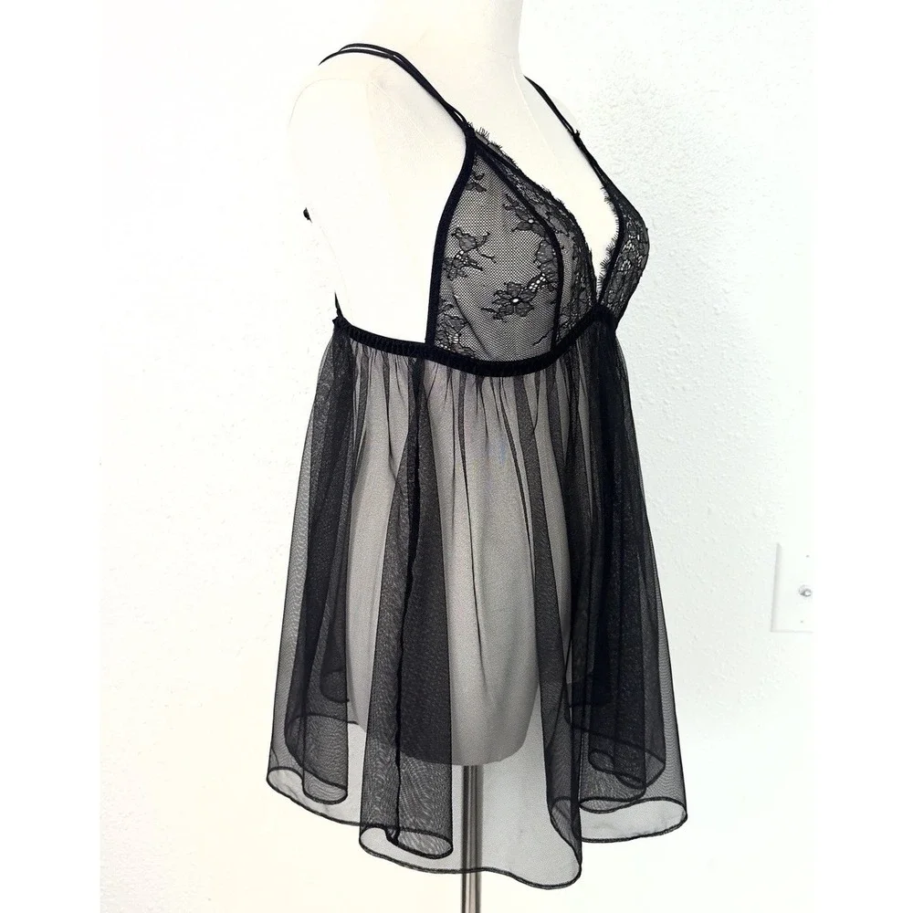 Victoria's Secret Lace Sheer Racerback Babydoll Nightie Lingerie Black Top L